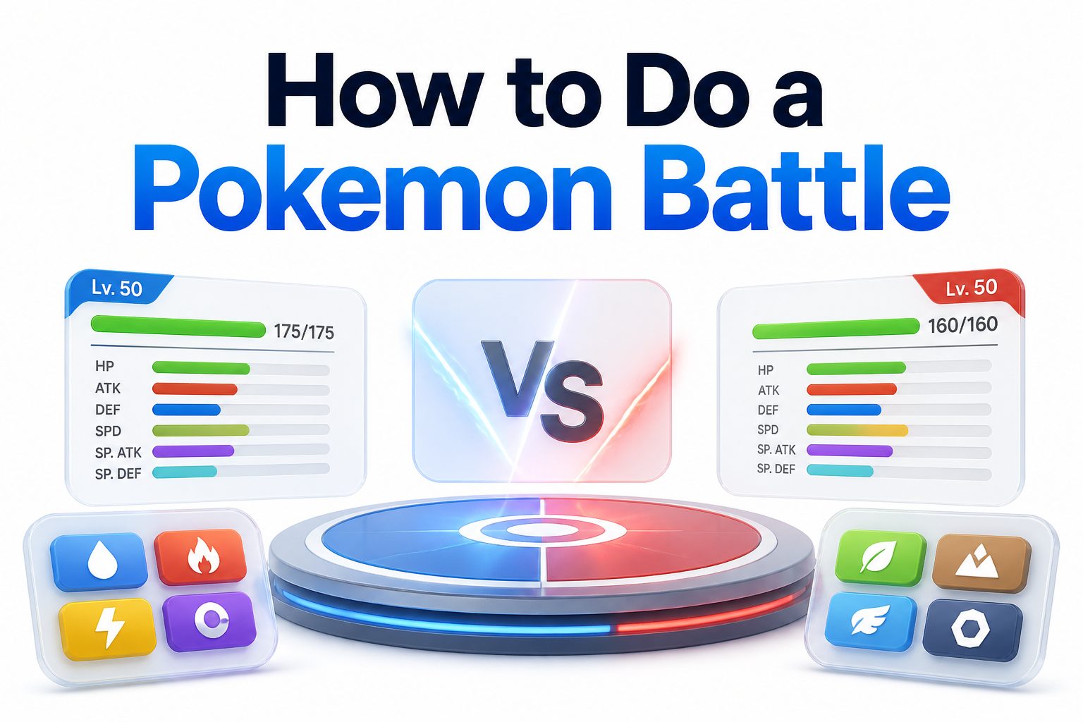 how-to-do-a-pok-mon-battle-e1593 Two trainers command Pokémon in a battle arena while their creatures face off with bright energy effects.