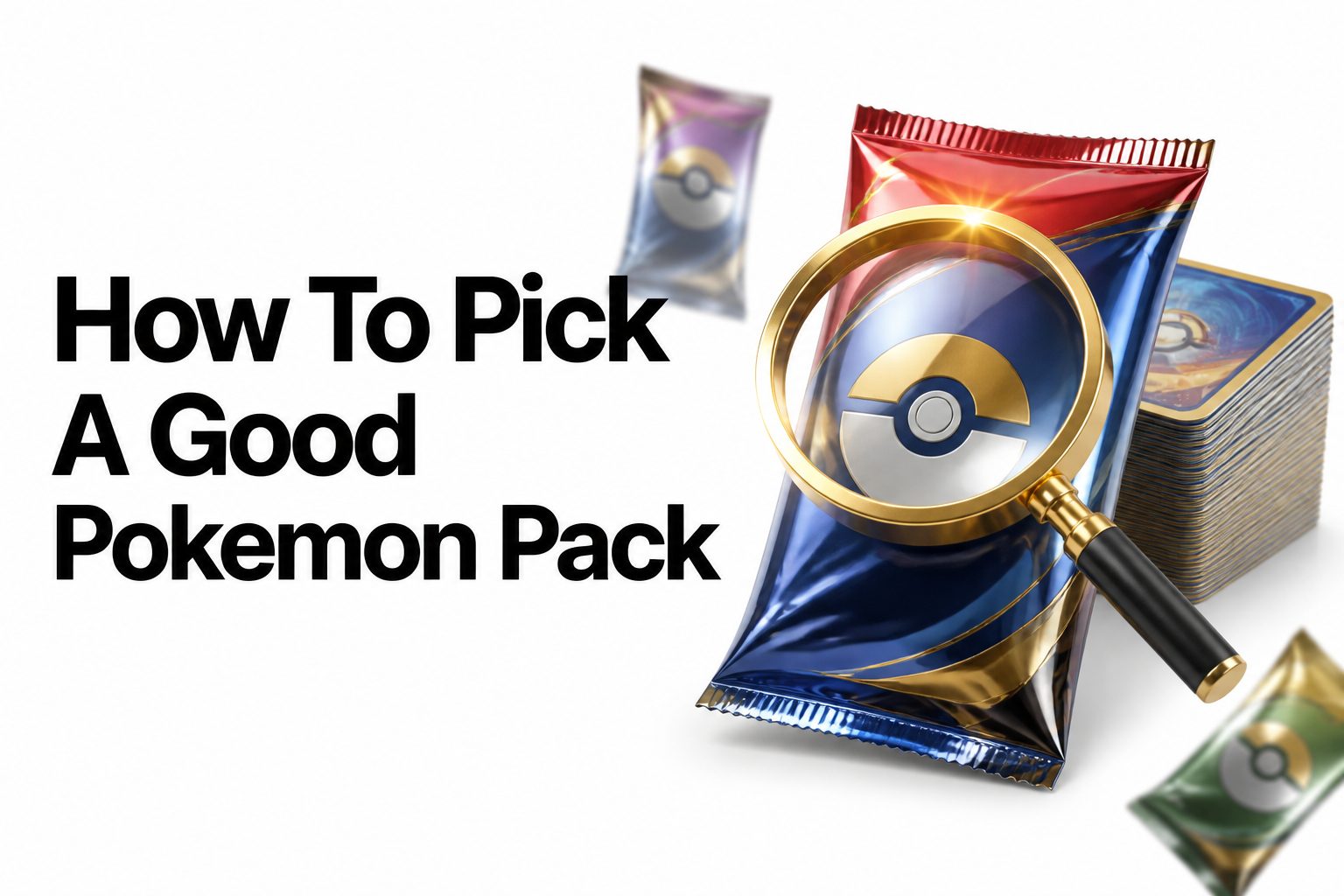 Colorful Pokemon booster packs fanned out beside trading cards and a guide for beginners